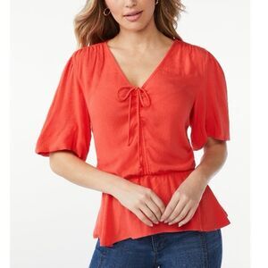 Sofia Vergara Front Gathered Bow Peasant Peplum Blouse NWT
